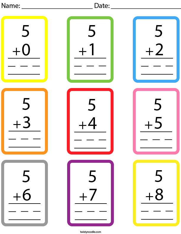 Number 5 Addition Facts Flashcards Math Worksheet Twisty Noodle